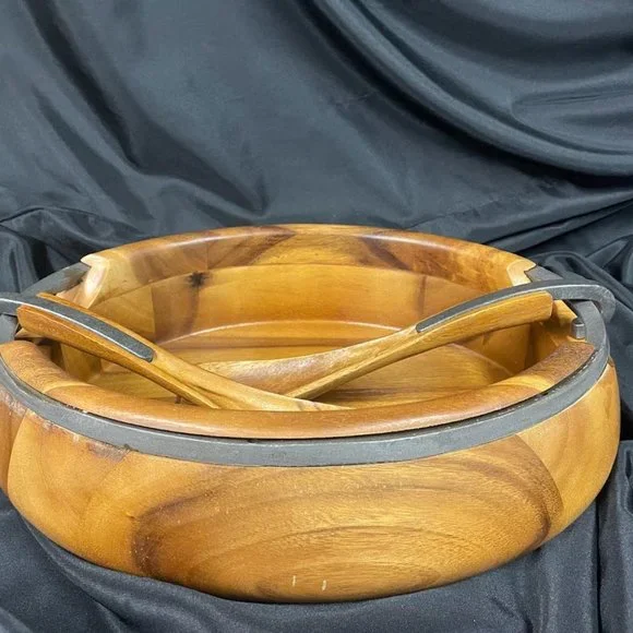 Nambe Salad Set Acacia Wood and Iron Finished Metal Set with 14" Servers Brown - Picture 6 of 9